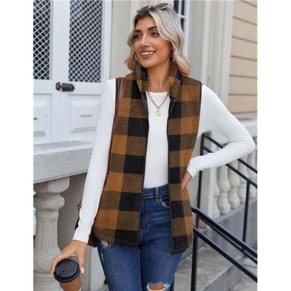 Vest For Women Sleeveless Brown Plaid - Picture 3 of 6